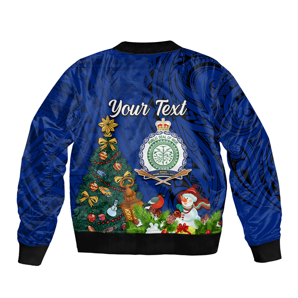 Personalised Niue Christmas Sleeve Zip Bomber Jacket Coat of Arms and Polynesian Tattoo Xmas Element Christmas Blue Vibe LT03 - Polynesian Pride
