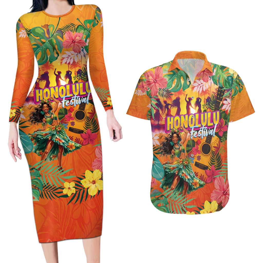 Hawaiian Honolulu Festival Couples Matching Long Sleeve Bodycon Dress and Hawaiian Shirt Hawaiian Identity - Hula Dancer and Ukulele Tropical Plants Style LT03 Orange - Polynesian Pride