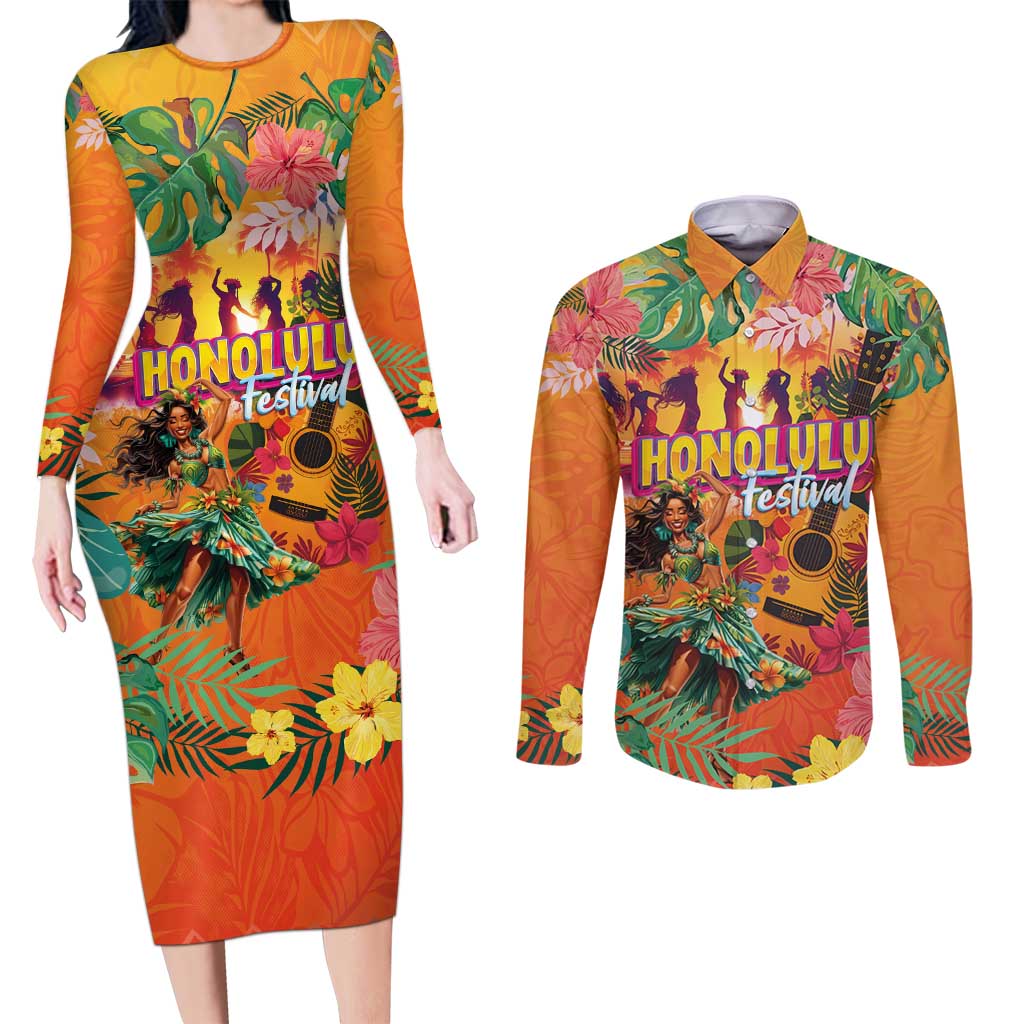 Hawaiian Honolulu Festival Couples Matching Long Sleeve Bodycon Dress and Long Sleeve Button Shirt Hawaiian Identity - Hula Dancer and Ukulele Tropical Plants Style LT03 Orange - Polynesian Pride