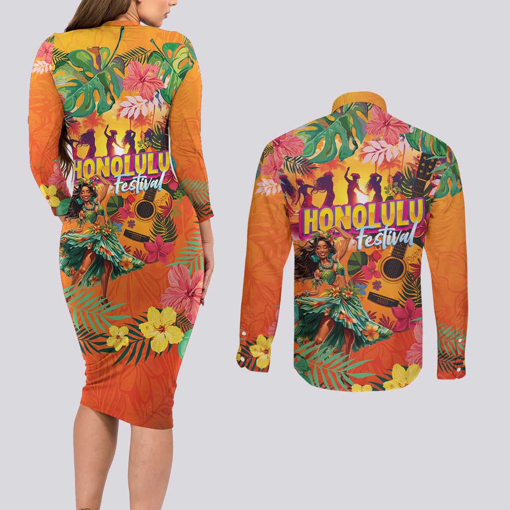 Hawaiian Honolulu Festival Couples Matching Long Sleeve Bodycon Dress and Long Sleeve Button Shirt Hawaiian Identity - Hula Dancer and Ukulele Tropical Plants Style LT03 - Polynesian Pride