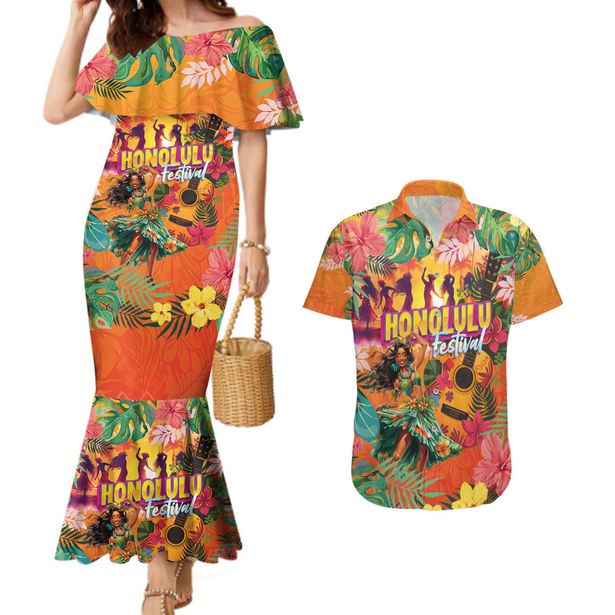 Hawaiian Honolulu Festival Couples Matching Mermaid Dress and Hawaiian Shirt Hawaiian Identity - Hula Dancer and Ukulele Tropical Plants Style LT03 Orange - Polynesian Pride