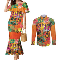 Hawaiian Honolulu Festival Couples Matching Mermaid Dress and Long Sleeve Button Shirt Hawaiian Identity - Hula Dancer and Ukulele Tropical Plants Style LT03 Orange - Polynesian Pride