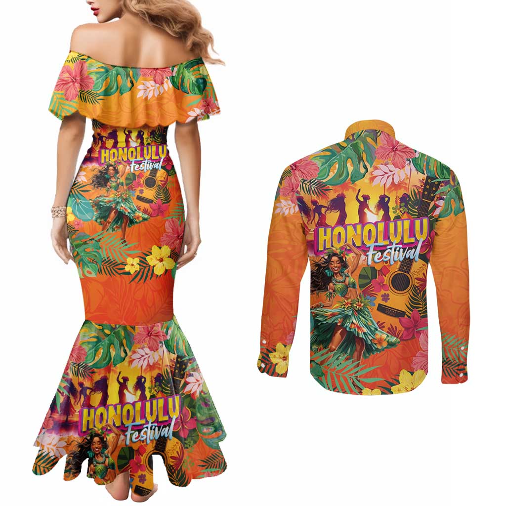 Hawaiian Honolulu Festival Couples Matching Mermaid Dress and Long Sleeve Button Shirt Hawaiian Identity - Hula Dancer and Ukulele Tropical Plants Style LT03 - Polynesian Pride