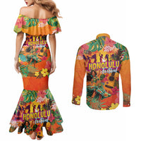 Hawaiian Honolulu Festival Couples Matching Mermaid Dress and Long Sleeve Button Shirt Hawaiian Identity - Hula Dancer and Ukulele Tropical Plants Style LT03 - Polynesian Pride