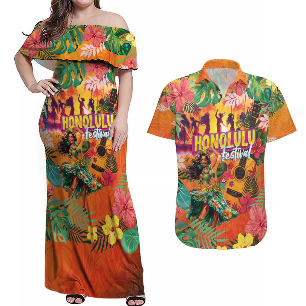 Hawaiian Honolulu Festival Couples Matching Off Shoulder Maxi Dress and Hawaiian Shirt Hawaiian Identity - Hula Dancer and Ukulele Tropical Plants Style LT03 Orange - Polynesian Pride