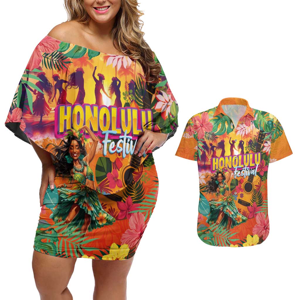 Hawaiian Honolulu Festival Couples Matching Off Shoulder Short Dress and Hawaiian Shirt Hawaiian Identity - Hula Dancer and Ukulele Tropical Plants Style LT03 Orange - Polynesian Pride
