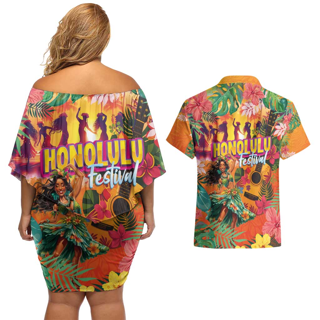 Hawaiian Honolulu Festival Couples Matching Off Shoulder Short Dress and Hawaiian Shirt Hawaiian Identity - Hula Dancer and Ukulele Tropical Plants Style LT03 - Polynesian Pride