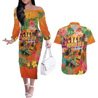 Hawaiian Honolulu Festival Couples Matching Off The Shoulder Long Sleeve Dress and Hawaiian Shirt Hawaiian Identity - Hula Dancer and Ukulele Tropical Plants Style LT03 Orange - Polynesian Pride