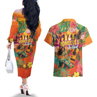 Hawaiian Honolulu Festival Couples Matching Off The Shoulder Long Sleeve Dress and Hawaiian Shirt Hawaiian Identity - Hula Dancer and Ukulele Tropical Plants Style LT03 - Polynesian Pride