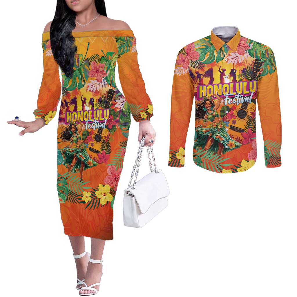 Hawaiian Honolulu Festival Couples Matching Off The Shoulder Long Sleeve Dress and Long Sleeve Button Shirt Hawaiian Identity - Hula Dancer and Ukulele Tropical Plants Style LT03 Orange - Polynesian Pride