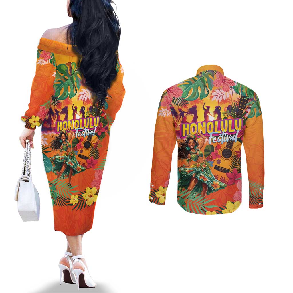Hawaiian Honolulu Festival Couples Matching Off The Shoulder Long Sleeve Dress and Long Sleeve Button Shirt Hawaiian Identity - Hula Dancer and Ukulele Tropical Plants Style LT03 - Polynesian Pride