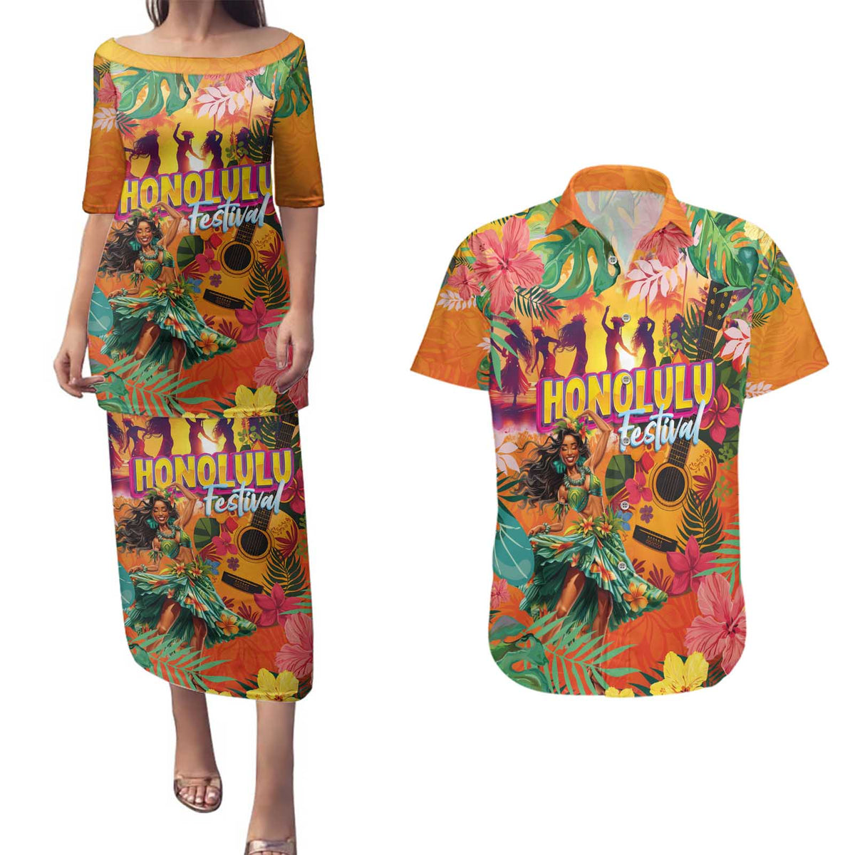 Hawaiian Honolulu Festival Couples Matching Puletasi and Hawaiian Shirt Hawaiian Identity - Hula Dancer and Ukulele Tropical Plants Style