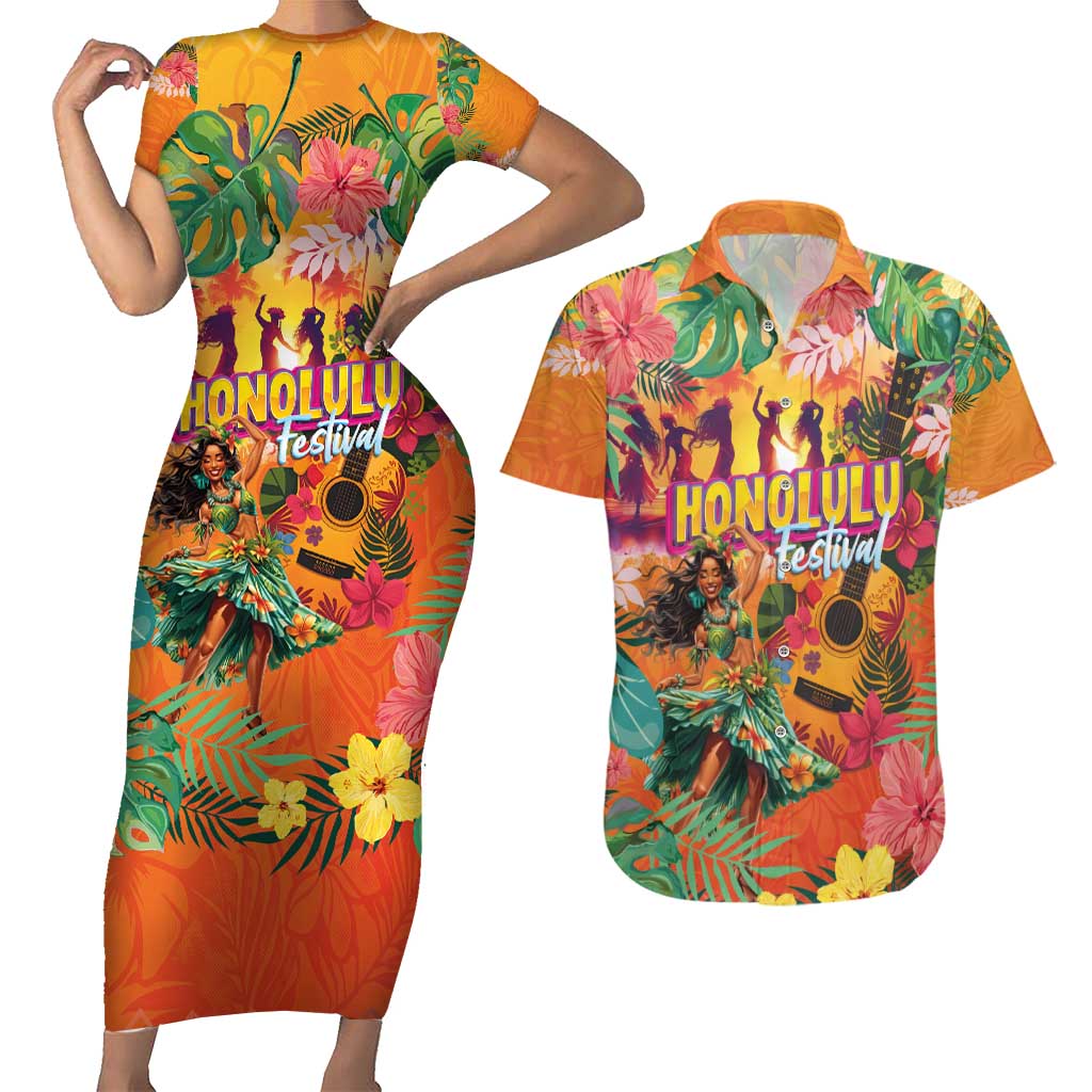 Hawaiian Honolulu Festival Couples Matching Short Sleeve Bodycon Dress and Hawaiian Shirt Hawaiian Identity - Hula Dancer and Ukulele Tropical Plants Style LT03 Orange - Polynesian Pride