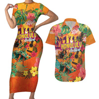 Hawaiian Honolulu Festival Couples Matching Short Sleeve Bodycon Dress and Hawaiian Shirt Hawaiian Identity - Hula Dancer and Ukulele Tropical Plants Style LT03 Orange - Polynesian Pride