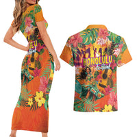 Hawaiian Honolulu Festival Couples Matching Short Sleeve Bodycon Dress and Hawaiian Shirt Hawaiian Identity - Hula Dancer and Ukulele Tropical Plants Style LT03 - Polynesian Pride