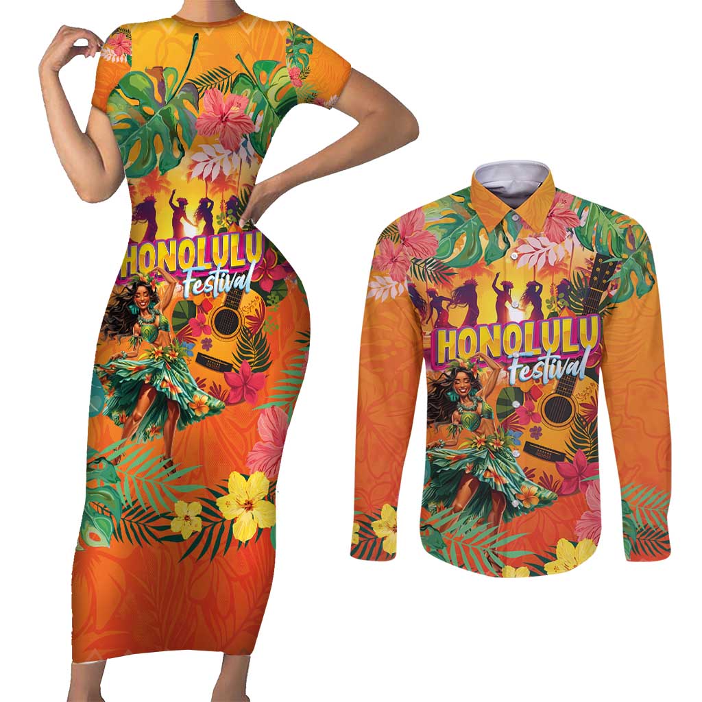 Hawaiian Honolulu Festival Couples Matching Short Sleeve Bodycon Dress and Long Sleeve Button Shirt Hawaiian Identity - Hula Dancer and Ukulele Tropical Plants Style LT03 Orange - Polynesian Pride