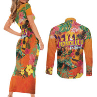 Hawaiian Honolulu Festival Couples Matching Short Sleeve Bodycon Dress and Long Sleeve Button Shirt Hawaiian Identity - Hula Dancer and Ukulele Tropical Plants Style LT03 - Polynesian Pride