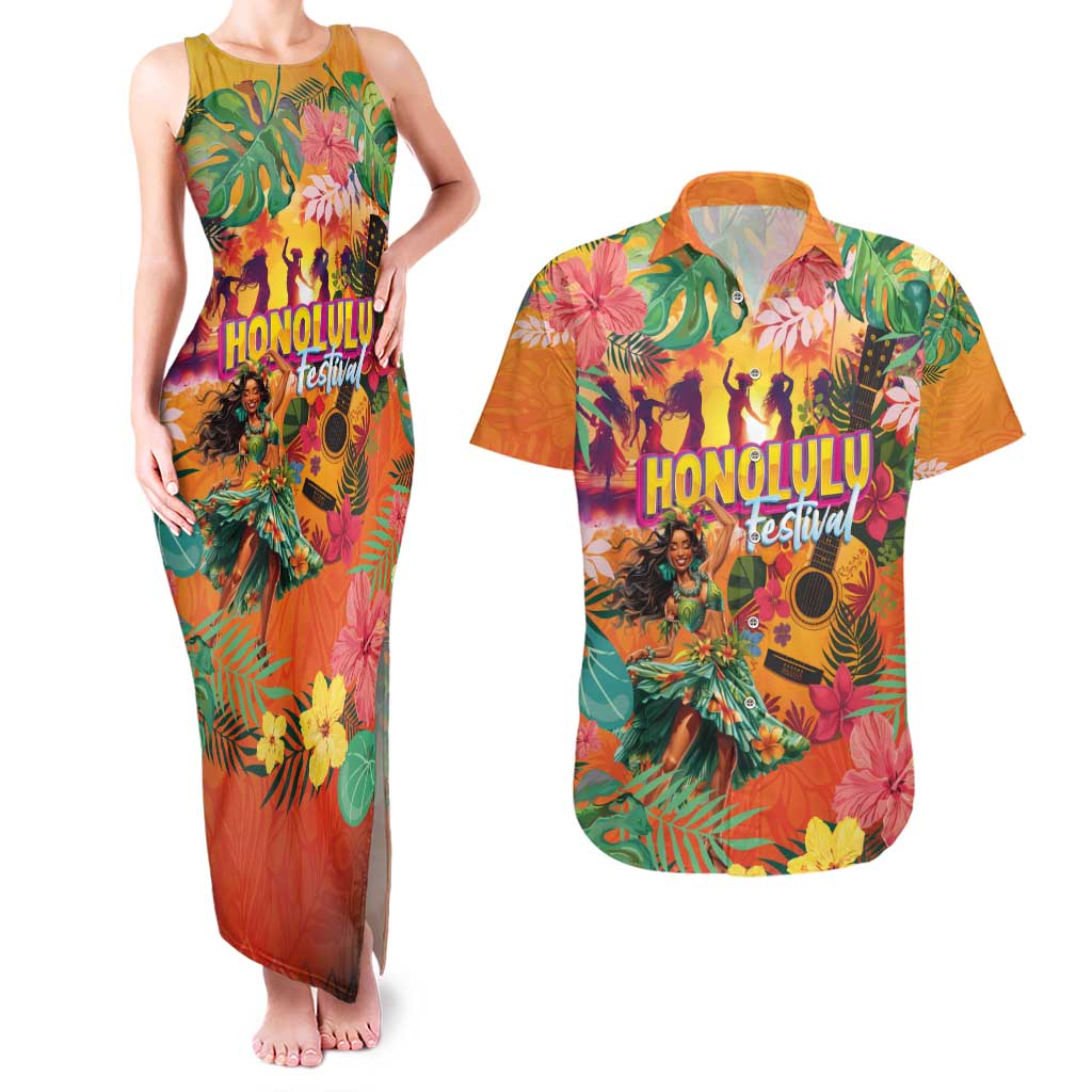 Hawaiian Honolulu Festival Couples Matching Tank Maxi Dress and Hawaiian Shirt Hawaiian Identity - Hula Dancer and Ukulele Tropical Plants Style LT03 Orange - Polynesian Pride
