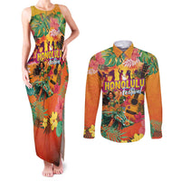 Hawaiian Honolulu Festival Couples Matching Tank Maxi Dress and Long Sleeve Button Shirt Hawaiian Identity - Hula Dancer and Ukulele Tropical Plants Style LT03 Orange - Polynesian Pride