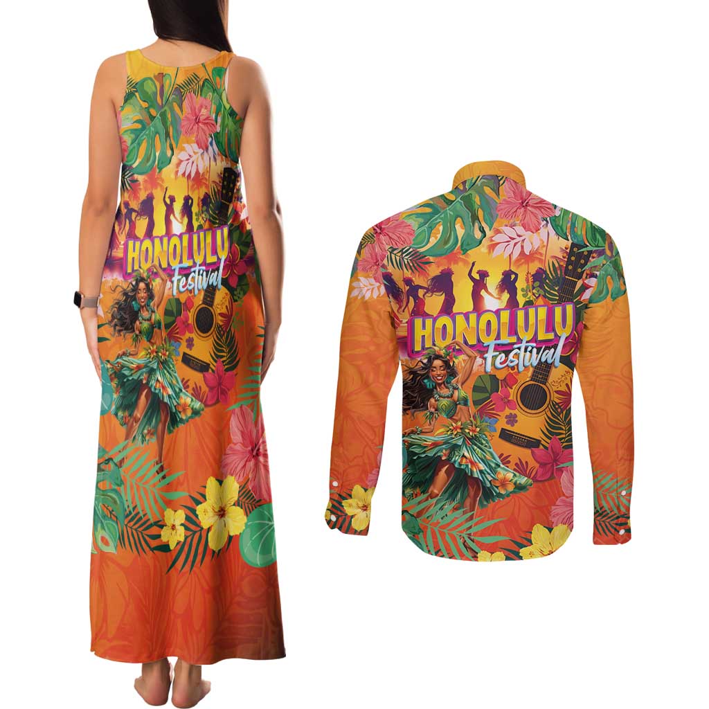 Hawaiian Honolulu Festival Couples Matching Tank Maxi Dress and Long Sleeve Button Shirt Hawaiian Identity - Hula Dancer and Ukulele Tropical Plants Style LT03 - Polynesian Pride