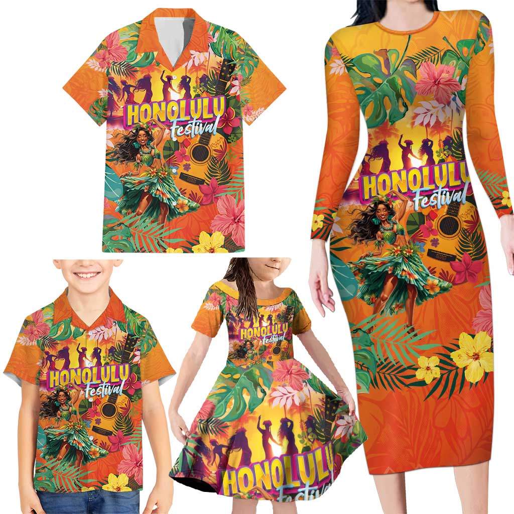 Hawaiian Honolulu Festival Family Matching Long Sleeve Bodycon Dress and Hawaiian Shirt Hawaiian Identity - Hula Dancer and Ukulele Tropical Plants Style LT03 - Polynesian Pride