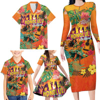 Hawaiian Honolulu Festival Family Matching Long Sleeve Bodycon Dress and Hawaiian Shirt Hawaiian Identity - Hula Dancer and Ukulele Tropical Plants Style LT03 - Polynesian Pride