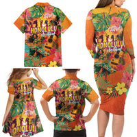 Hawaiian Honolulu Festival Family Matching Long Sleeve Bodycon Dress and Hawaiian Shirt Hawaiian Identity - Hula Dancer and Ukulele Tropical Plants Style LT03 - Polynesian Pride