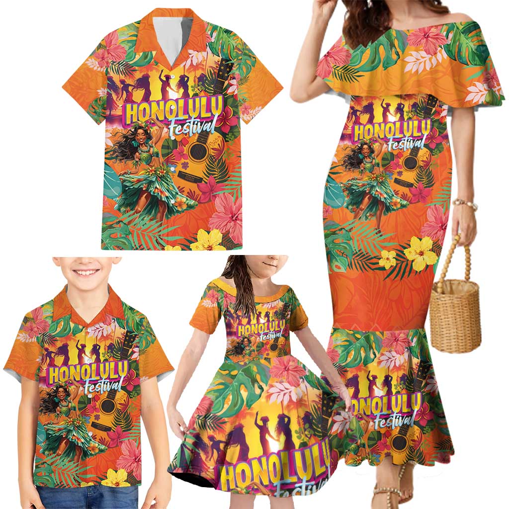 Hawaiian Honolulu Festival Family Matching Mermaid Dress and Hawaiian Shirt Hawaiian Identity - Hula Dancer and Ukulele Tropical Plants Style LT03 - Polynesian Pride