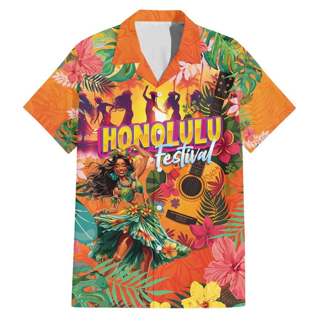 Hawaiian Honolulu Festival Family Matching Mermaid Dress and Hawaiian Shirt Hawaiian Identity - Hula Dancer and Ukulele Tropical Plants Style LT03 Dad's Shirt - Short Sleeve Orange - Polynesian Pride