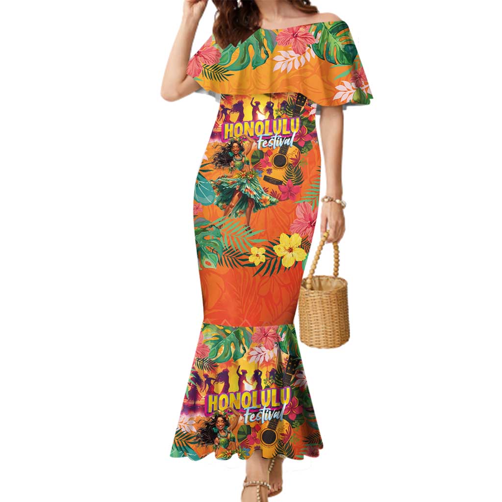 Hawaiian Honolulu Festival Family Matching Mermaid Dress and Hawaiian Shirt Hawaiian Identity - Hula Dancer and Ukulele Tropical Plants Style LT03 Mom's Dress Orange - Polynesian Pride