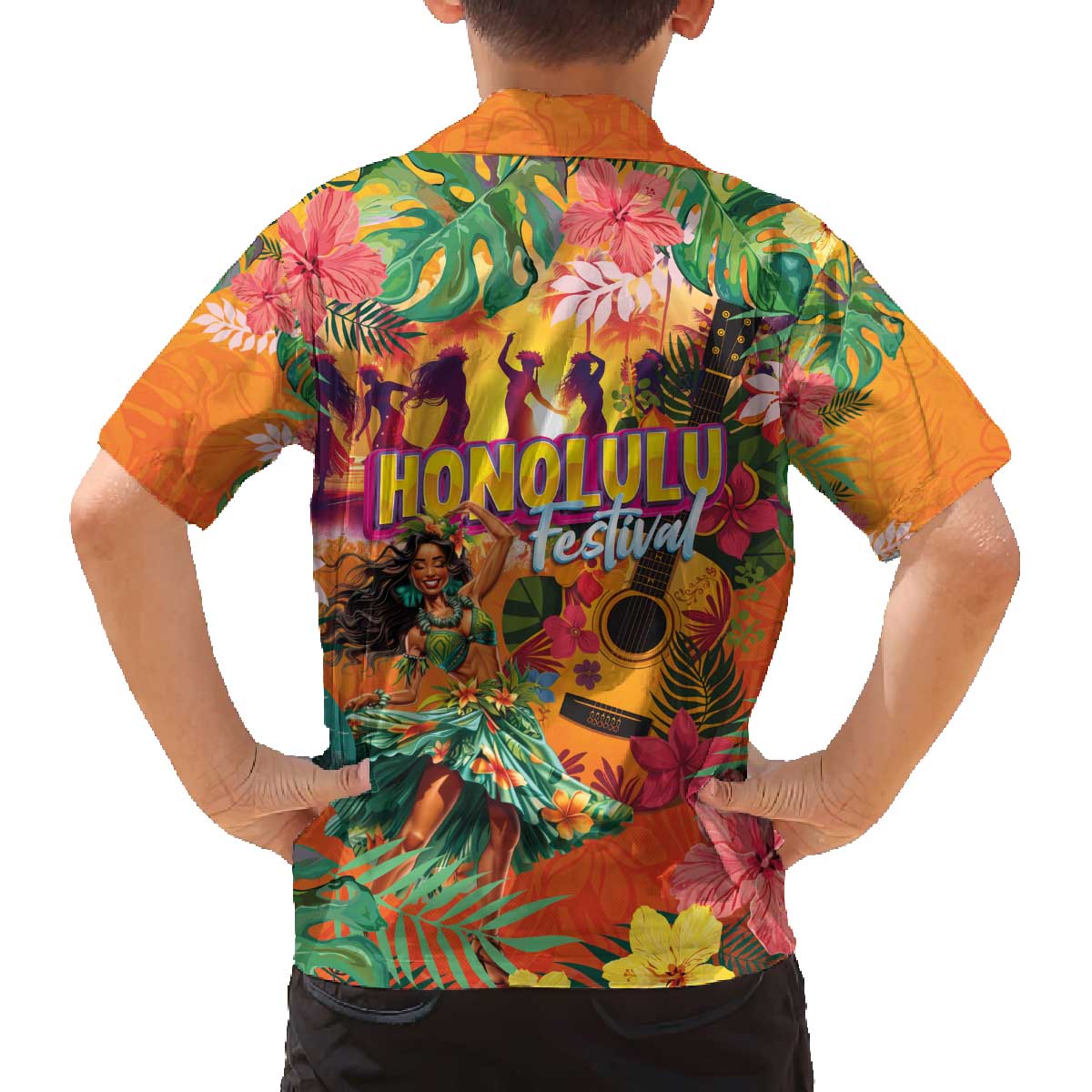 Hawaiian Honolulu Festival Family Matching Off The Shoulder Long Sleeve Dress and Hawaiian Shirt Hawaiian Identity - Hula Dancer and Ukulele Tropical Plants Style LT03 - Polynesian Pride