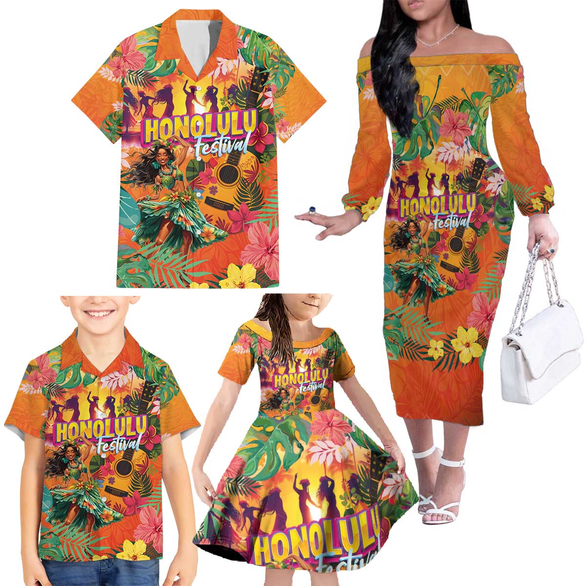Hawaiian Honolulu Festival Family Matching Off The Shoulder Long Sleeve Dress and Hawaiian Shirt Hawaiian Identity - Hula Dancer and Ukulele Tropical Plants Style LT03 Orange - Polynesian Pride
