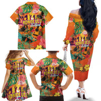 Hawaiian Honolulu Festival Family Matching Off The Shoulder Long Sleeve Dress and Hawaiian Shirt Hawaiian Identity - Hula Dancer and Ukulele Tropical Plants Style LT03 - Polynesian Pride