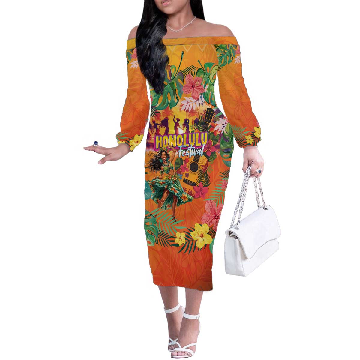 Hawaiian Honolulu Festival Family Matching Off The Shoulder Long Sleeve Dress and Hawaiian Shirt Hawaiian Identity - Hula Dancer and Ukulele Tropical Plants Style LT03 - Polynesian Pride