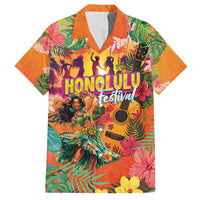 Hawaiian Honolulu Festival Family Matching Off Shoulder Maxi Dress and Hawaiian Shirt Hawaiian Identity - Hula Dancer and Ukulele Tropical Plants Style LT03 Dad's Shirt - Short Sleeve Orange - Polynesian Pride