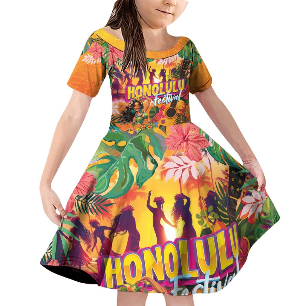 Hawaiian Honolulu Festival Family Matching Off Shoulder Short Dress and Hawaiian Shirt Hawaiian Identity - Hula Dancer and Ukulele Tropical Plants Style LT03 Daughter's Dress Orange - Polynesian Pride