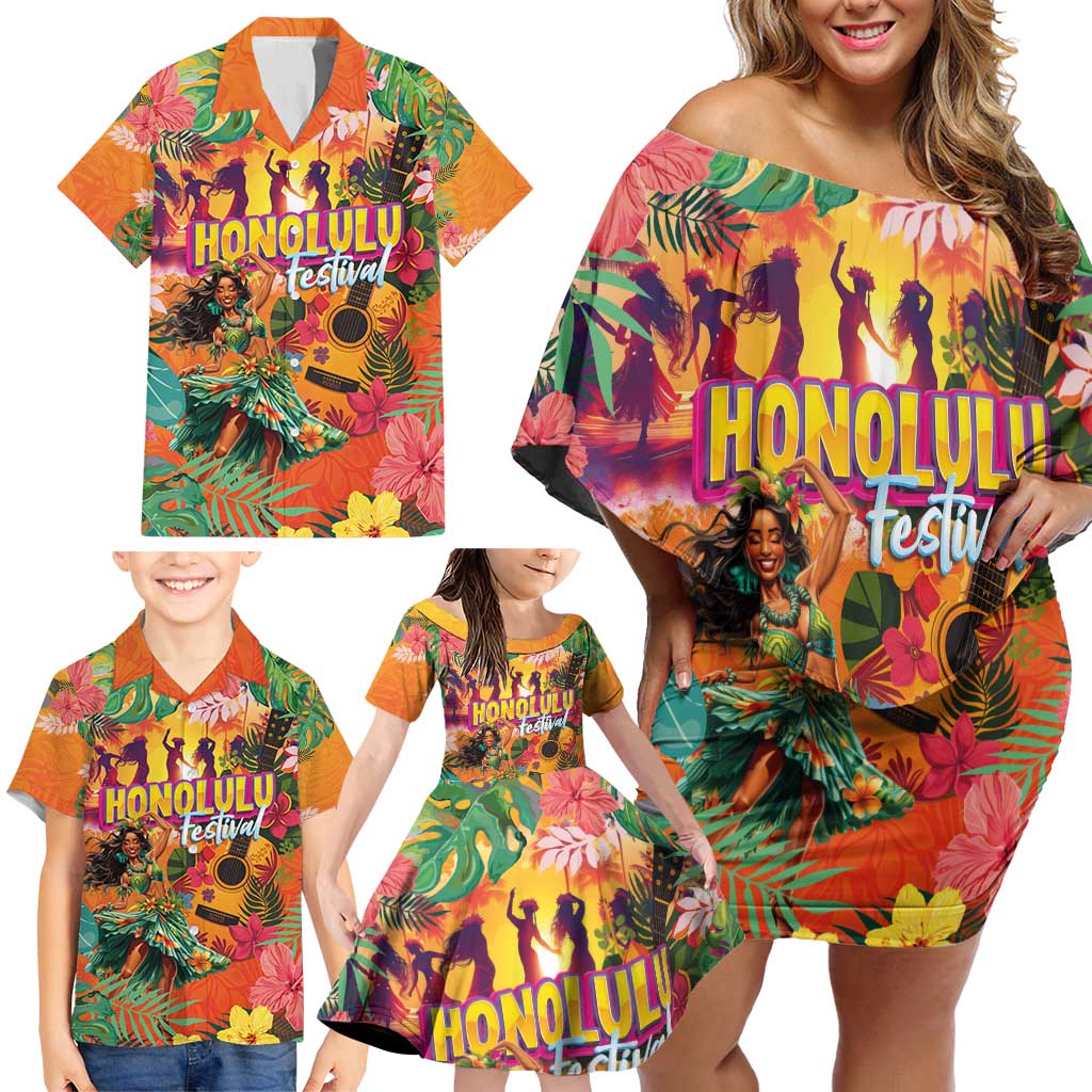 Hawaiian Honolulu Festival Family Matching Off Shoulder Short Dress and Hawaiian Shirt Hawaiian Identity - Hula Dancer and Ukulele Tropical Plants Style LT03 - Polynesian Pride
