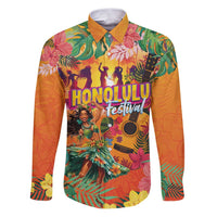 Hawaiian Honolulu Festival Family Matching Puletasi and Hawaiian Shirt Hawaiian Identity - Hula Dancer and Ukulele Tropical Plants Style LT03 Dad's Shirt - Long Sleeve Orange - Polynesian Pride