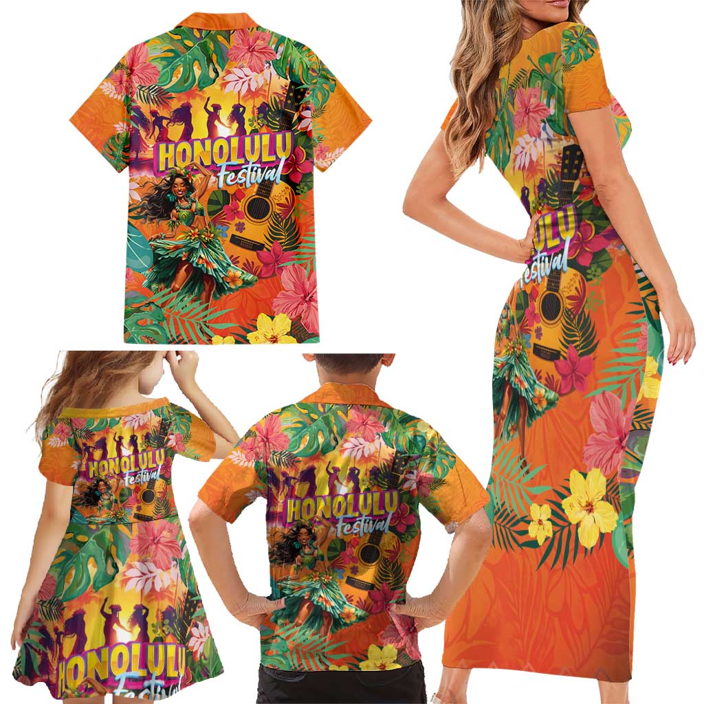 Hawaiian Honolulu Festival Family Matching Short Sleeve Bodycon Dress and Hawaiian Shirt Hawaiian Identity - Hula Dancer and Ukulele Tropical Plants Style LT03 - Polynesian Pride