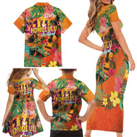Hawaiian Honolulu Festival Family Matching Short Sleeve Bodycon Dress and Hawaiian Shirt Hawaiian Identity - Hula Dancer and Ukulele Tropical Plants Style LT03 - Polynesian Pride