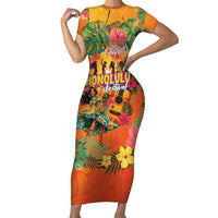 Hawaiian Honolulu Festival Family Matching Short Sleeve Bodycon Dress and Hawaiian Shirt Hawaiian Identity - Hula Dancer and Ukulele Tropical Plants Style LT03 Mom's Dress Orange - Polynesian Pride