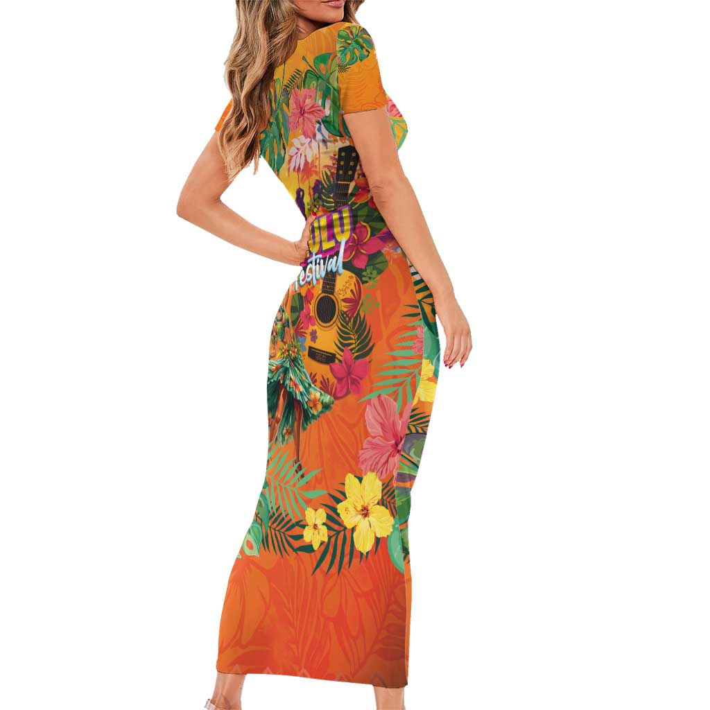 Hawaiian Honolulu Festival Family Matching Short Sleeve Bodycon Dress and Hawaiian Shirt Hawaiian Identity - Hula Dancer and Ukulele Tropical Plants Style LT03 - Polynesian Pride