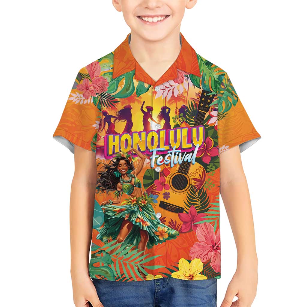Hawaiian Honolulu Festival Family Matching Short Sleeve Bodycon Dress and Hawaiian Shirt Hawaiian Identity - Hula Dancer and Ukulele Tropical Plants Style LT03 Son's Shirt Orange - Polynesian Pride