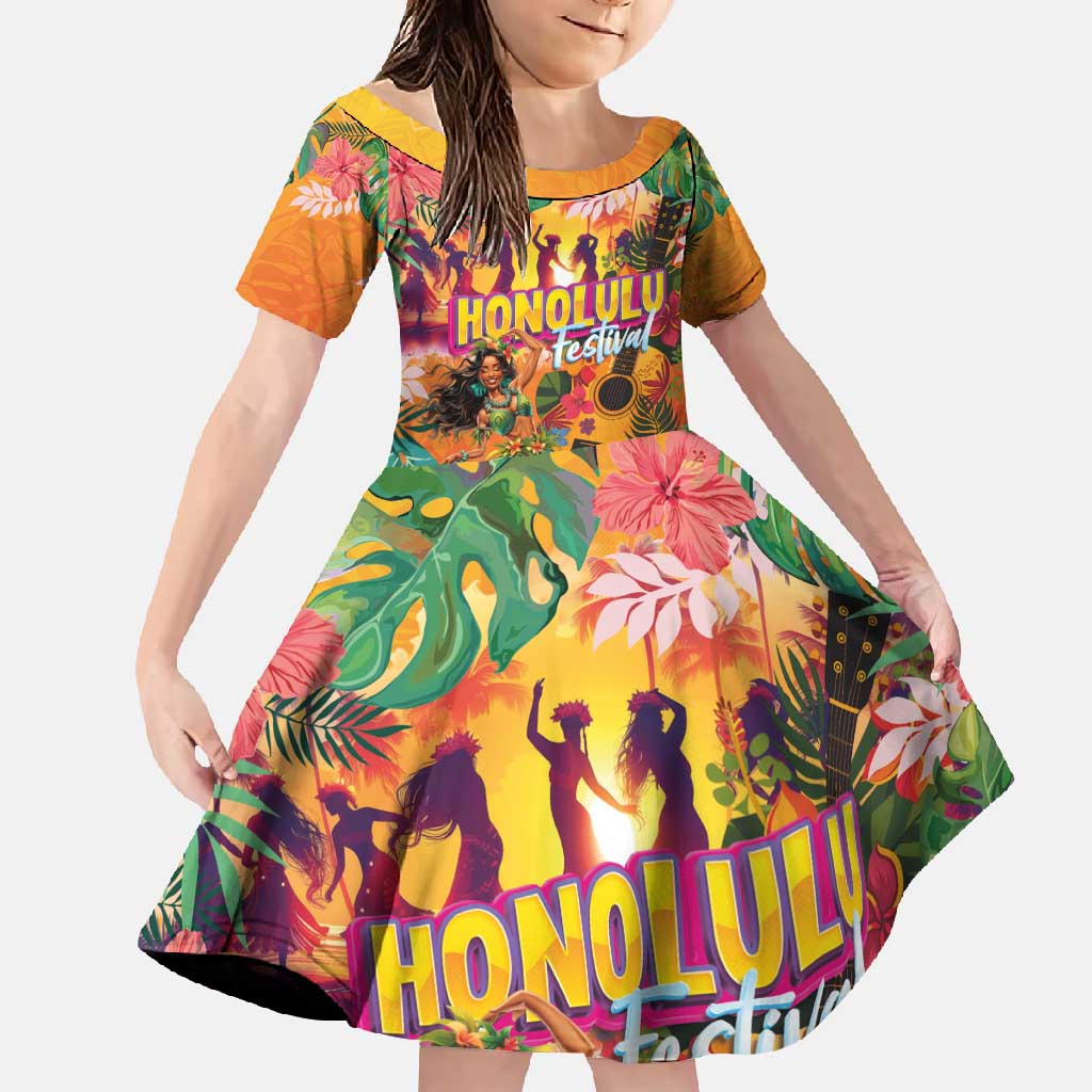 Hawaiian Honolulu Festival Family Matching Summer Maxi Dress and Hawaiian Shirt Hawaiian Identity - Hula Dancer and Ukulele Tropical Plants Style LT03 Daughter's Dress Orange - Polynesian Pride