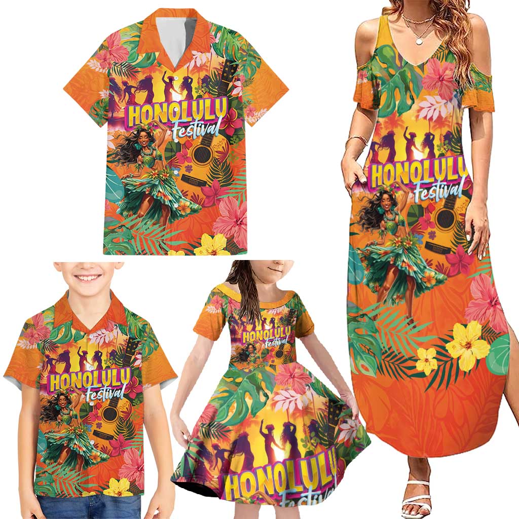 Hawaiian Honolulu Festival Family Matching Summer Maxi Dress and Hawaiian Shirt Hawaiian Identity - Hula Dancer and Ukulele Tropical Plants Style LT03 - Polynesian Pride