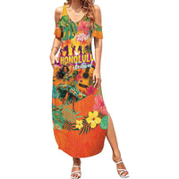 Hawaiian Honolulu Festival Family Matching Summer Maxi Dress and Hawaiian Shirt Hawaiian Identity - Hula Dancer and Ukulele Tropical Plants Style LT03 Mom's Dress Orange - Polynesian Pride