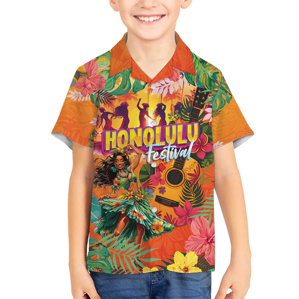 Hawaiian Honolulu Festival Family Matching Summer Maxi Dress and Hawaiian Shirt Hawaiian Identity - Hula Dancer and Ukulele Tropical Plants Style LT03 Son's Shirt Orange - Polynesian Pride