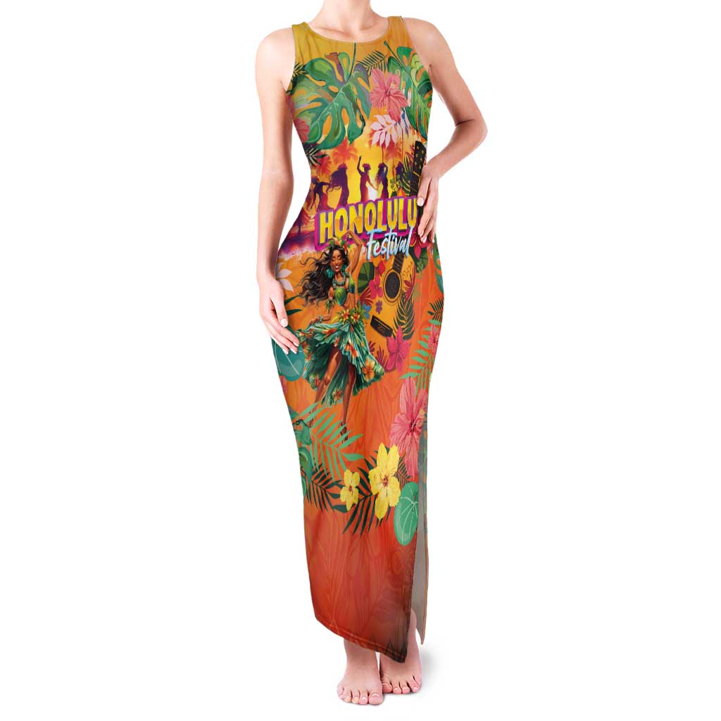 Hawaiian Honolulu Festival Family Matching Tank Maxi Dress and Hawaiian Shirt Hawaiian Identity - Hula Dancer and Ukulele Tropical Plants Style LT03 Mom's Dress Orange - Polynesian Pride