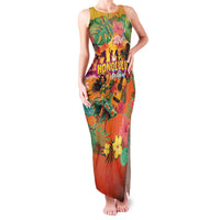 Hawaiian Honolulu Festival Family Matching Tank Maxi Dress and Hawaiian Shirt Hawaiian Identity - Hula Dancer and Ukulele Tropical Plants Style LT03 Mom's Dress Orange - Polynesian Pride