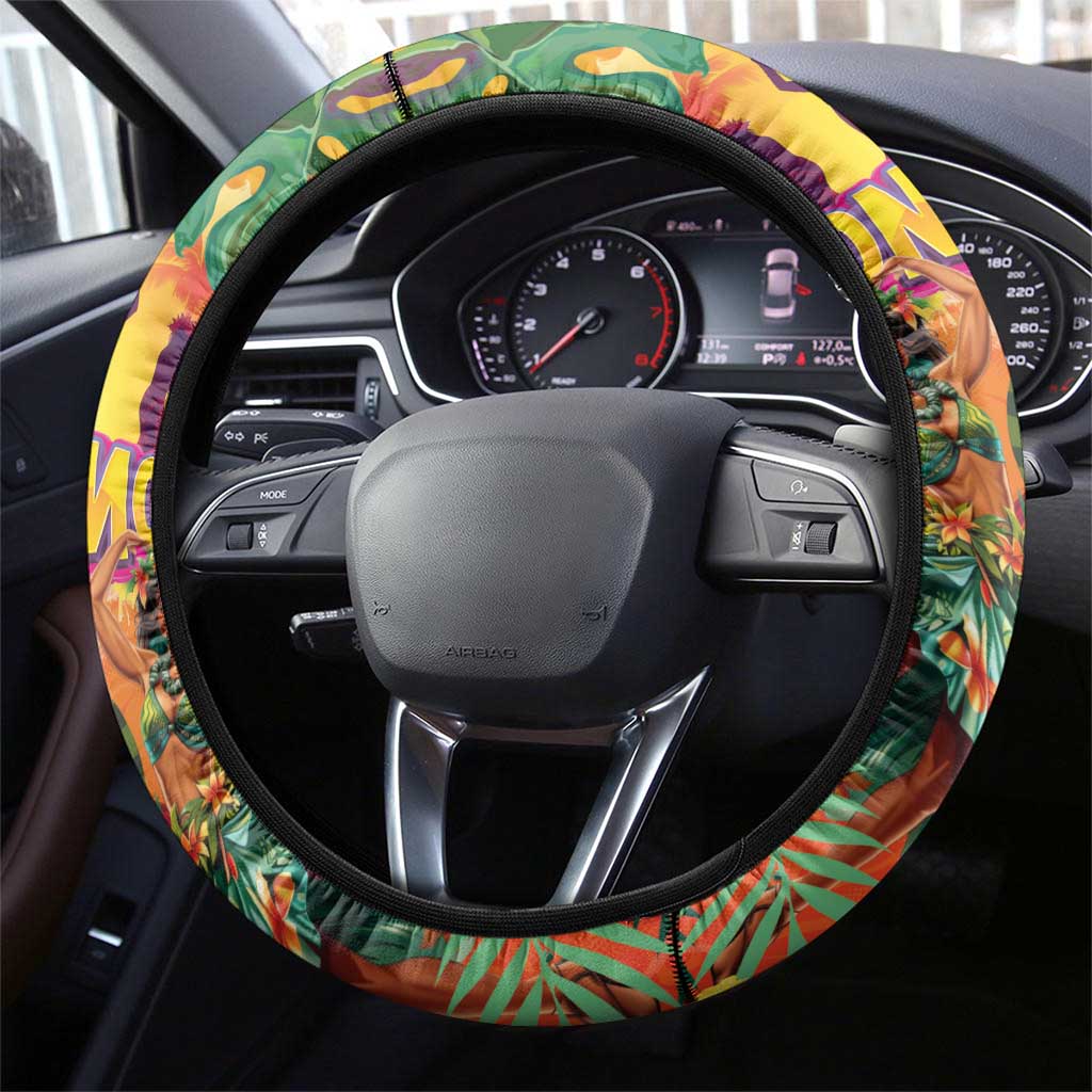 Hawaiian Honolulu Festival Steering Wheel Cover Hawaiian Identity - Hula Dancer and Ukulele Tropical Plants Style